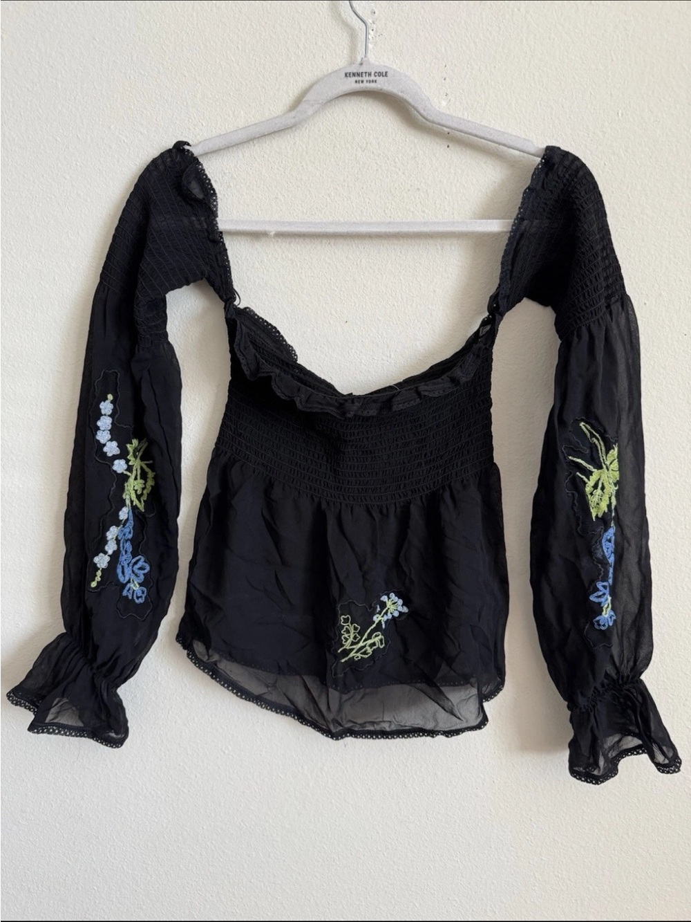 Betsey Johnson Silk Black Floral Off Shoulder Peasant Long Sleeved Smocked Top 4